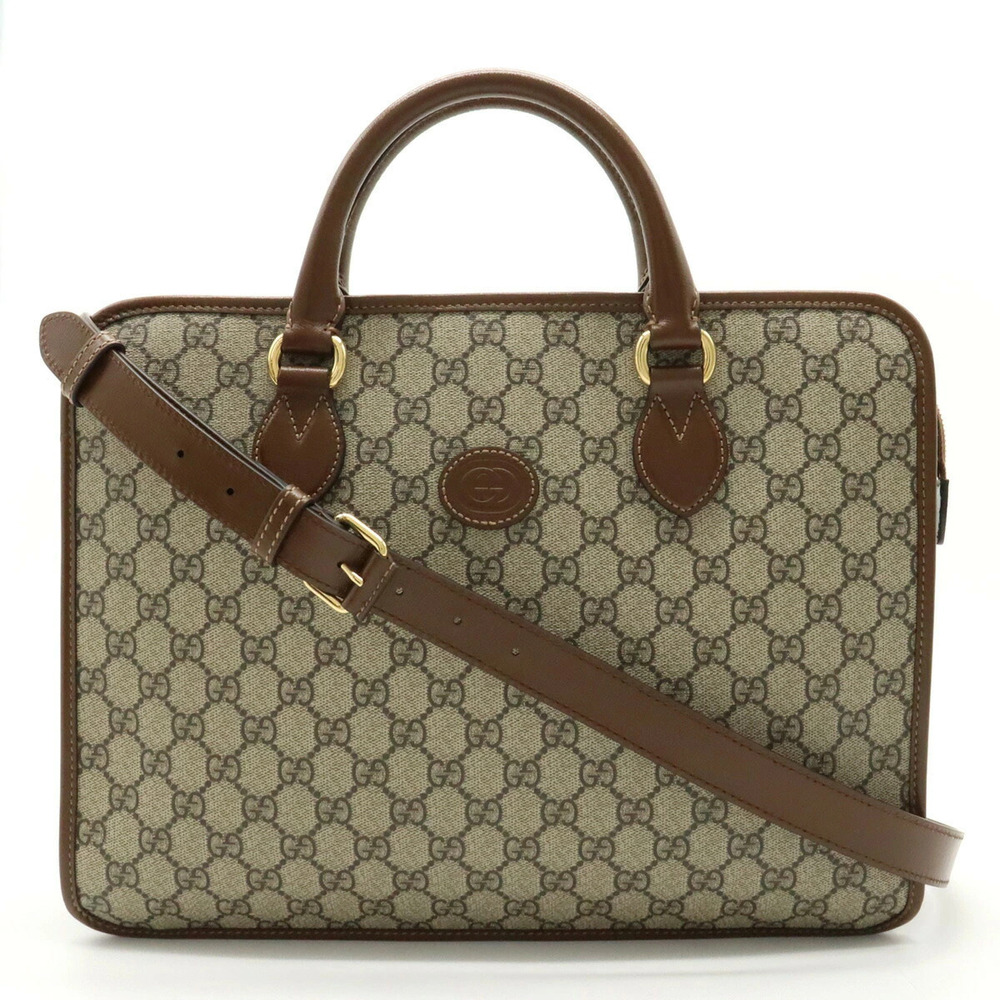 Gucci GG Supreme Business Bag Briefcase Shoulder Leather Beige Brown Cream Brown